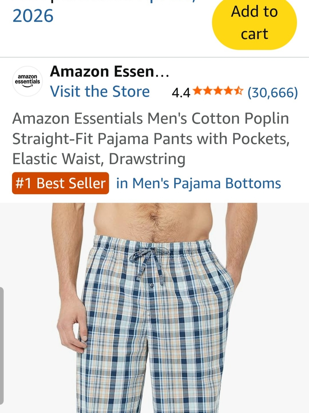 Amazon Essentials Men’s Blue and Tan Plaid Cotton Poplin Lounge Pants